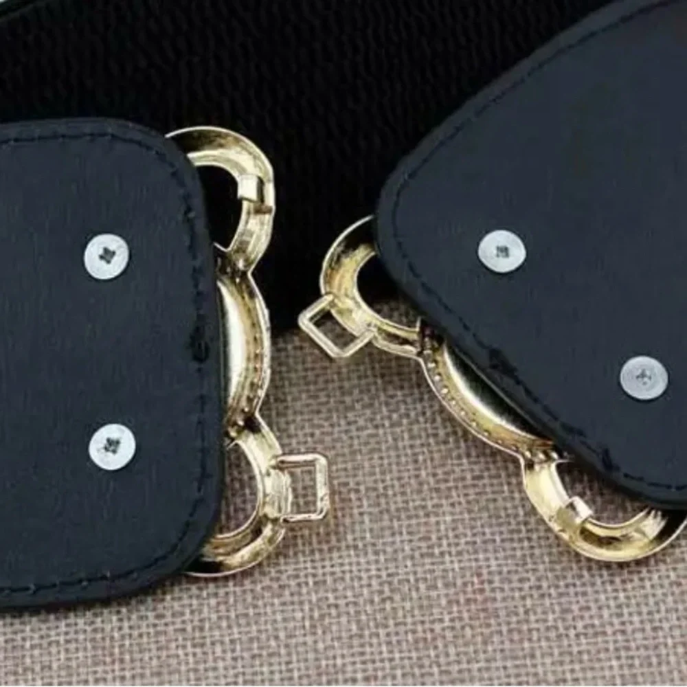 Golden‎ Double Buckle Black Waspie Belt Stretchy Elastic Accentuating Waist Band